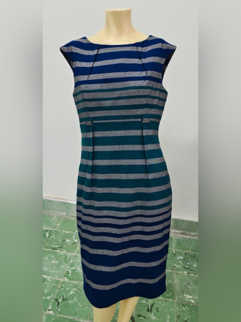 Calvin Klein Teal, Navy & Gray Striped Midi Sheath Dress